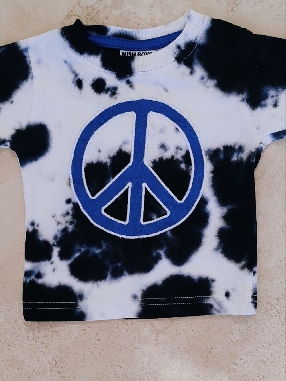 MISH BOYS Baby Tee Black & White Tie-Dye with Blue Peace Logo 6MO